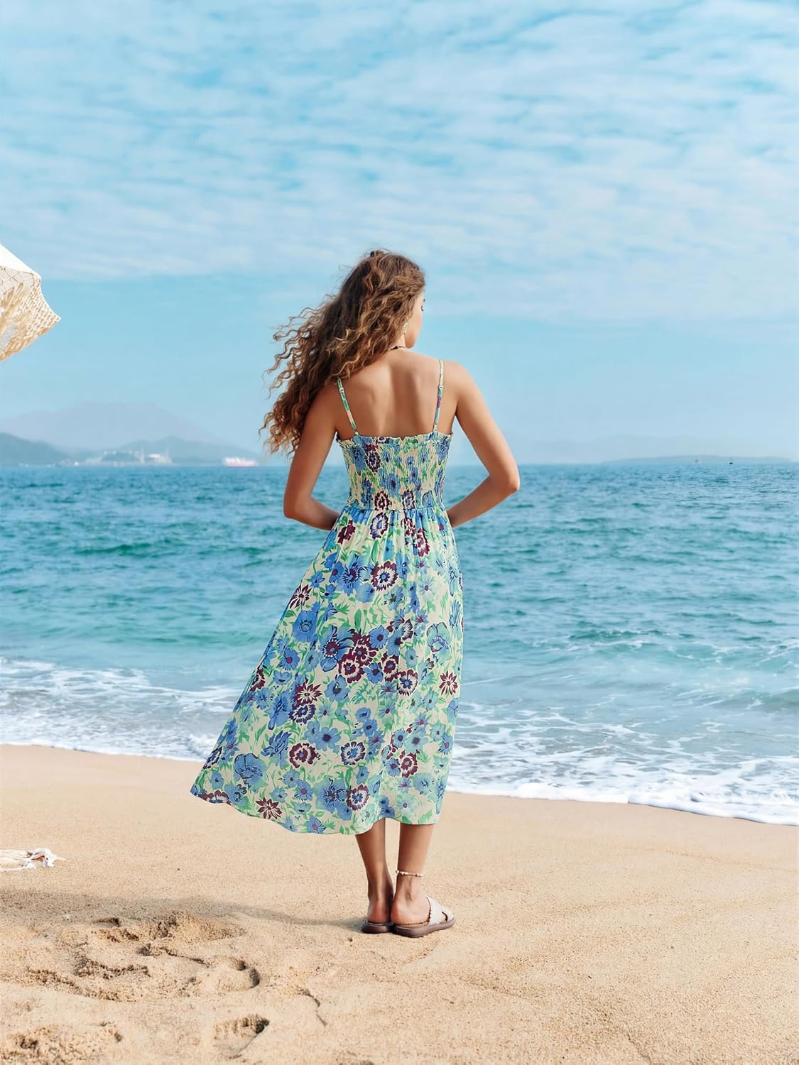Detalle de Kate Kasin Robe d'été femme - Robe maxi décontractée à col en V et bretelles spaghetti