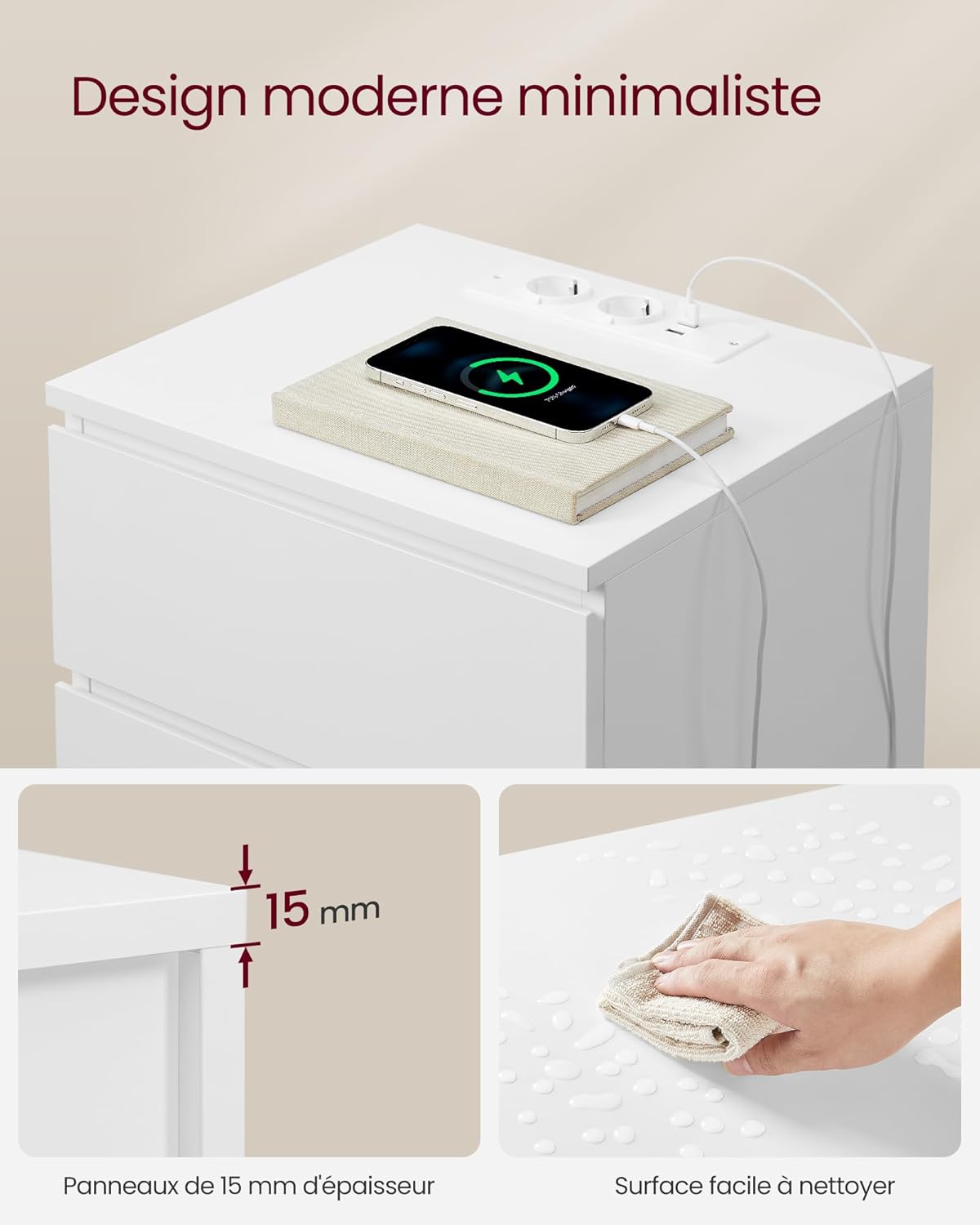 Thumbnail 6 de VASAGLE Kailyn LET831W14 – Lot de 2 tables de chevet avec 3 tiroirs et multiprise (2 prises CA + 2 USB)