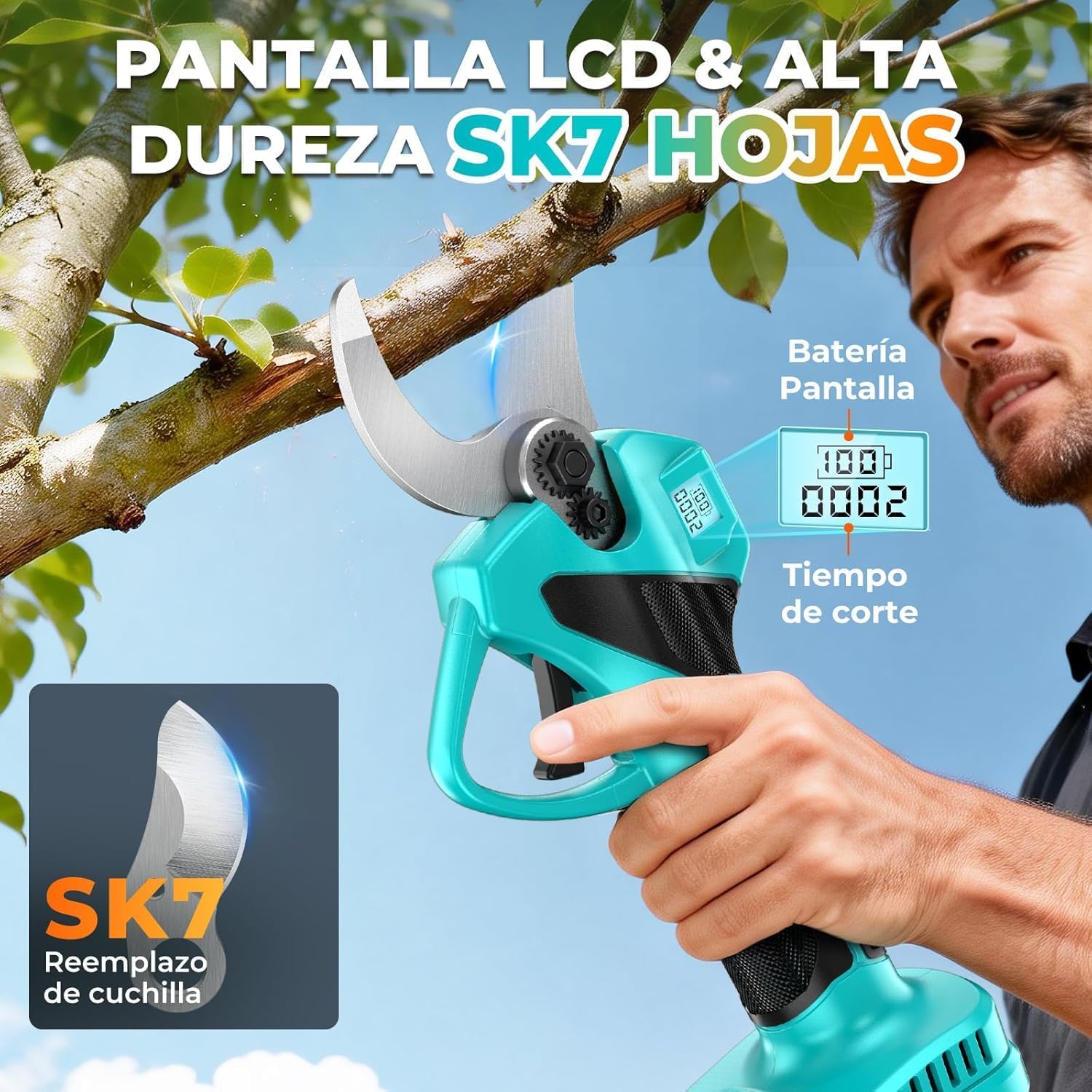 Detalle de Tijeras de Podar Eléctricas 21V de Sukaudiz: potencia sin escobillas, 2 baterías y 33 mm de corte