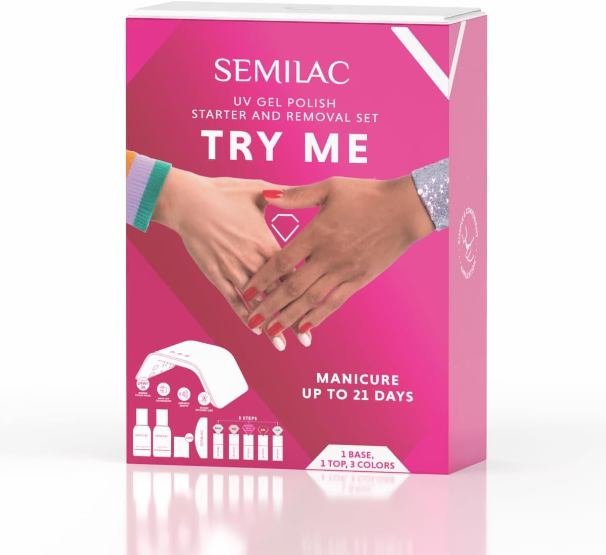 Detalle 2 de Semilac Try Me – zestaw do manicure z lampą UV LED i trzema kolorami lakieru