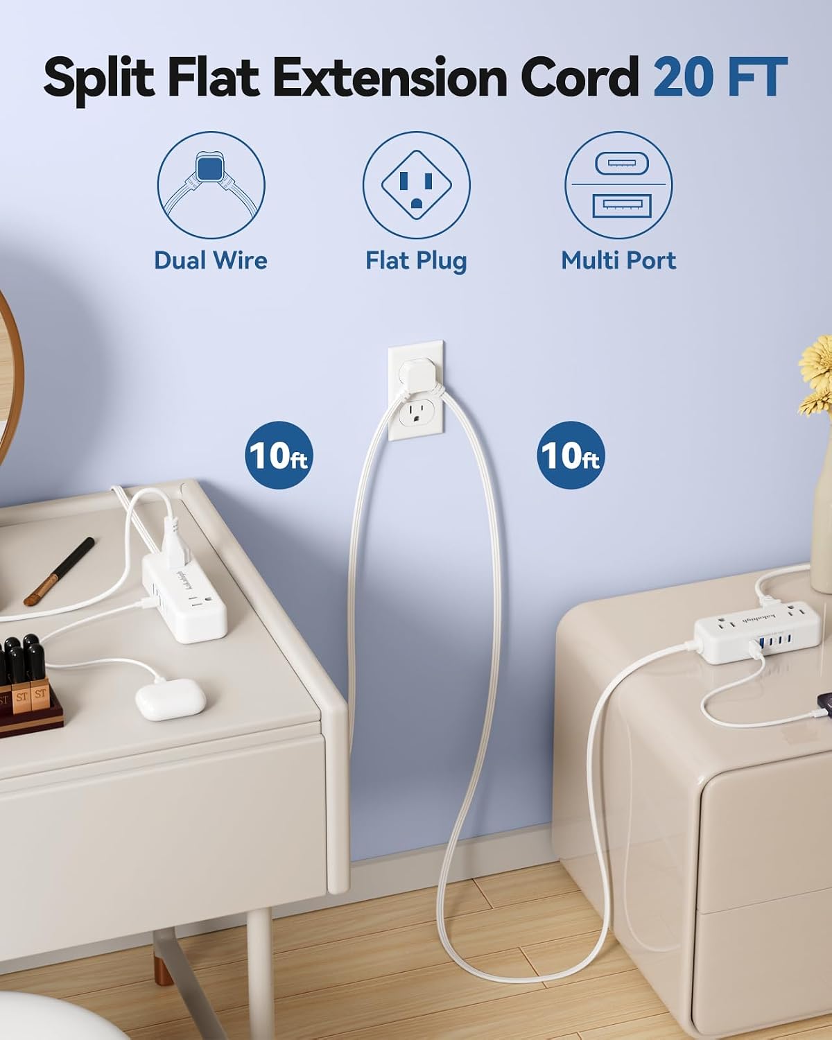 Detalle 2 de kakahigh 788 Split Extension Cord, 20 ft, 4 AC Outlets, 5 USB Ports