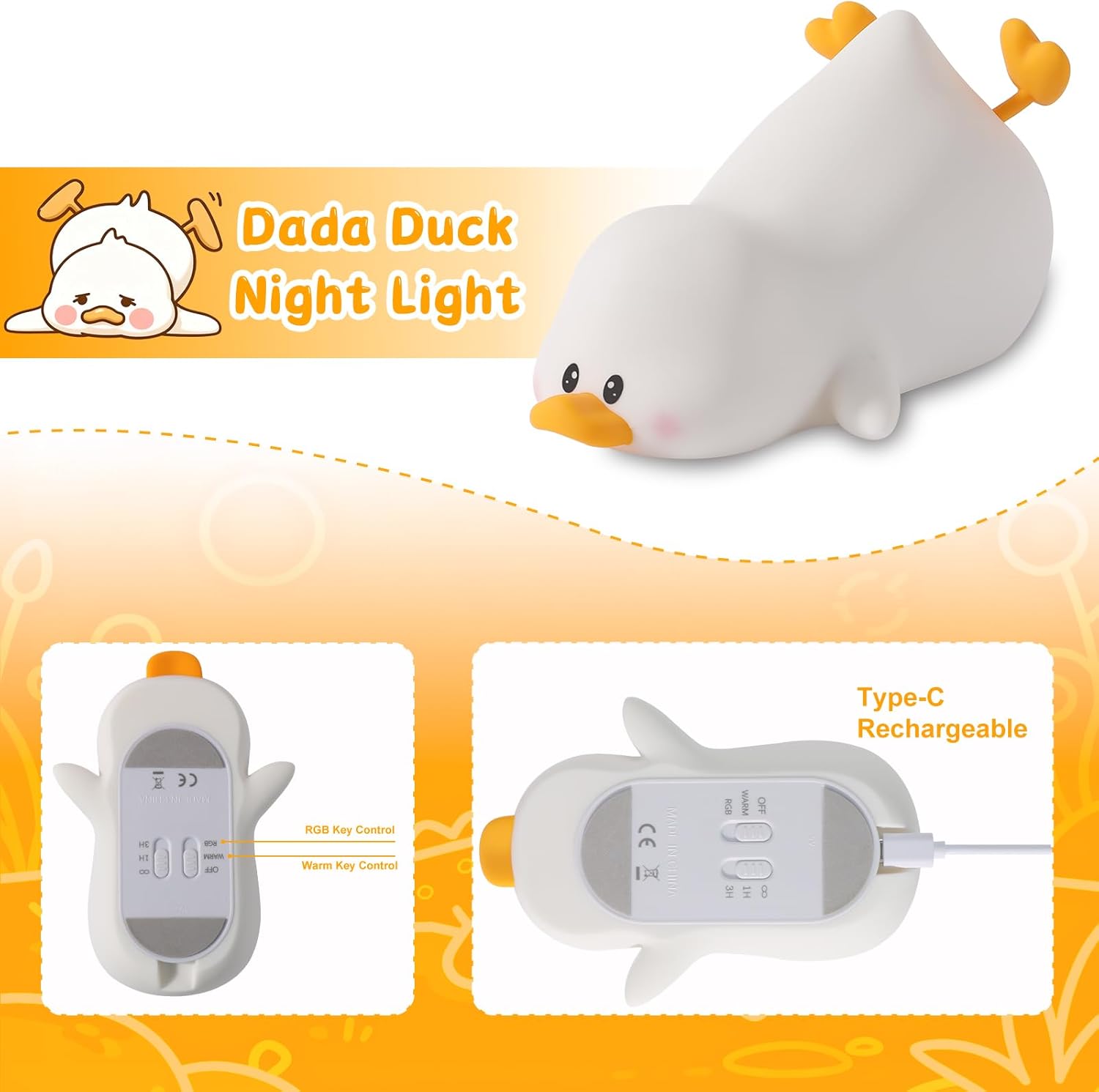 Thumbnail 2 de ZKLiLi süße Ente Nachtleuchte aus Silikon – Touchlicht mit 7 Farben, USB-kabel, tragbar