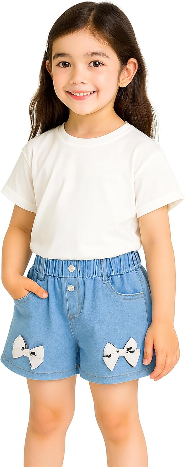 Detalle de ES-UK Girls Denim Shorts: Soft Cotton Elastic Waist Denim for Ages 5–10
