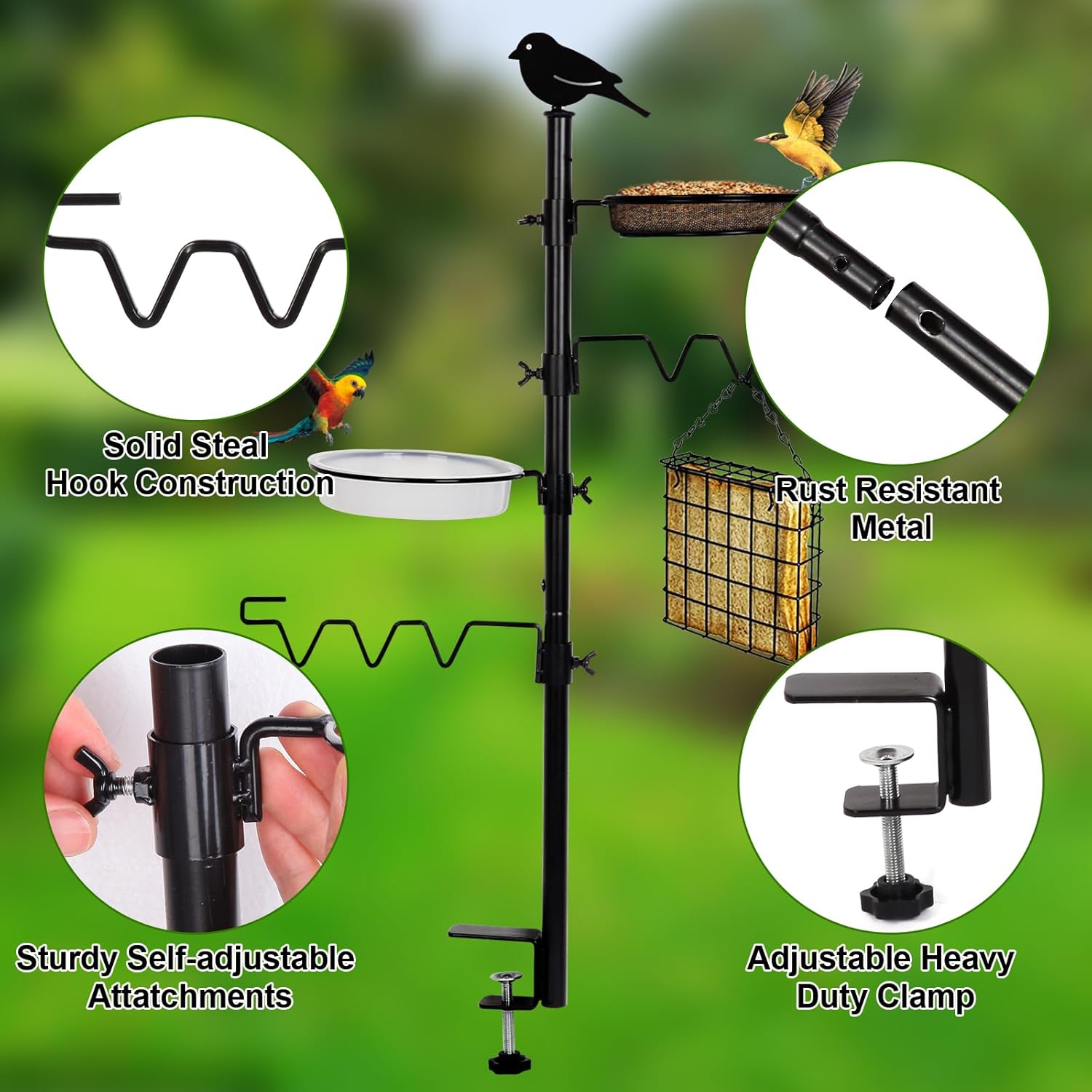 Detalle de HRAYLTOP Deck Bird Feeder Station Kit with Steel Hooks, Tray & Water Bowl (Black) – Balcony & Porch Railing Hanging Set