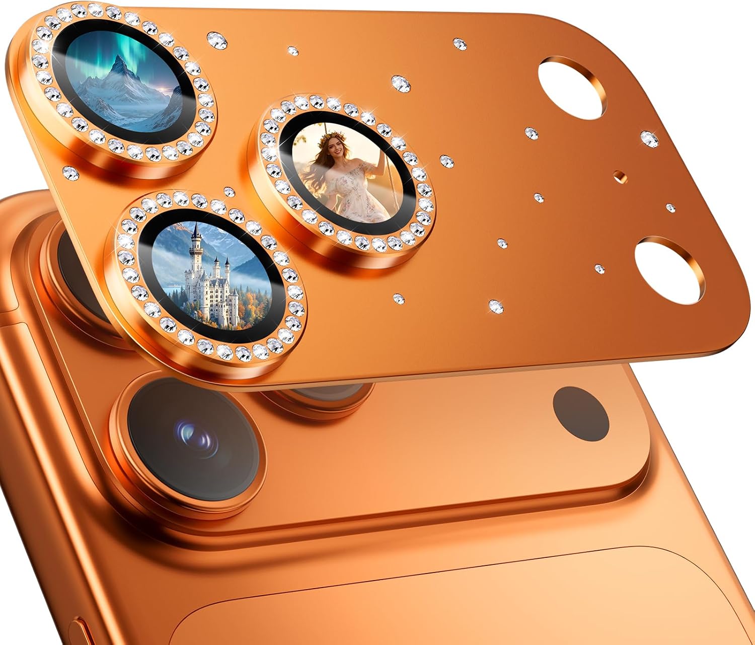 Detalle de HelloDeere iPhone 17 Pro Camera Lens Protector, Orange Diamond Tempered Glass