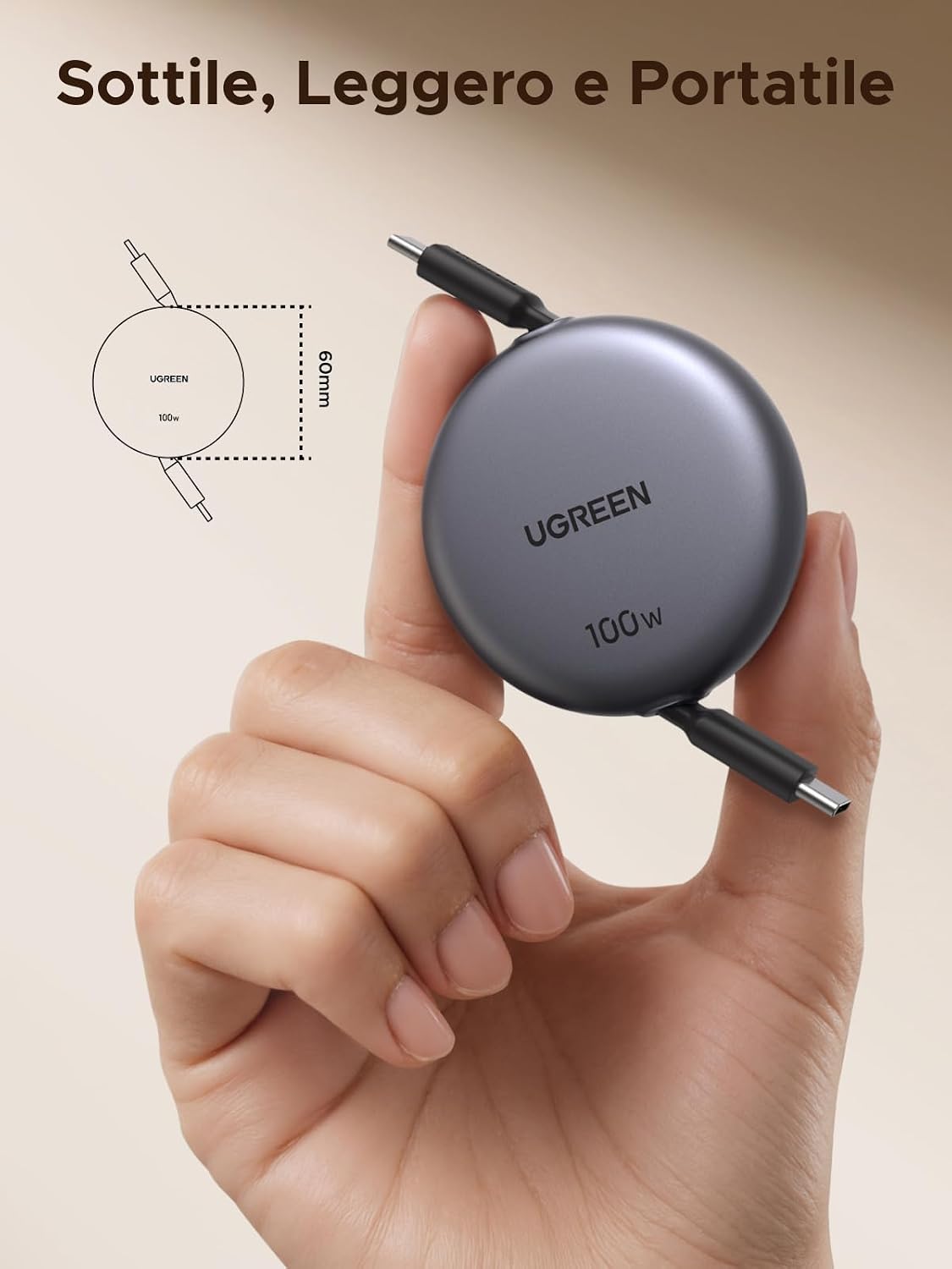Detalle de UGREEN 100W Cavo USB-C retrattile PD 3.0 per laptop e smartphone