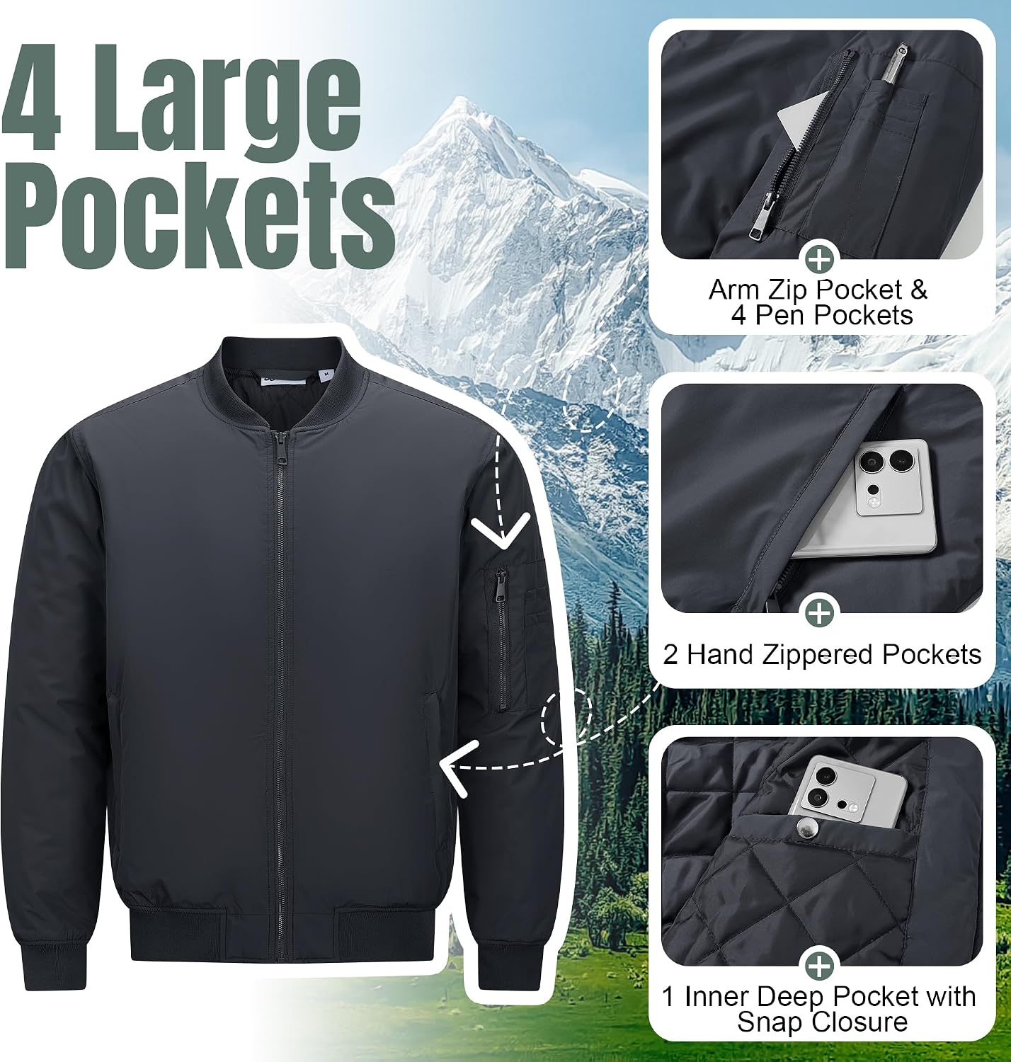 Detalle 2 de 33,000ft Bomberjacke Herren – wasserdichte, winddichte Übergangsjacke mit 4 Taschen