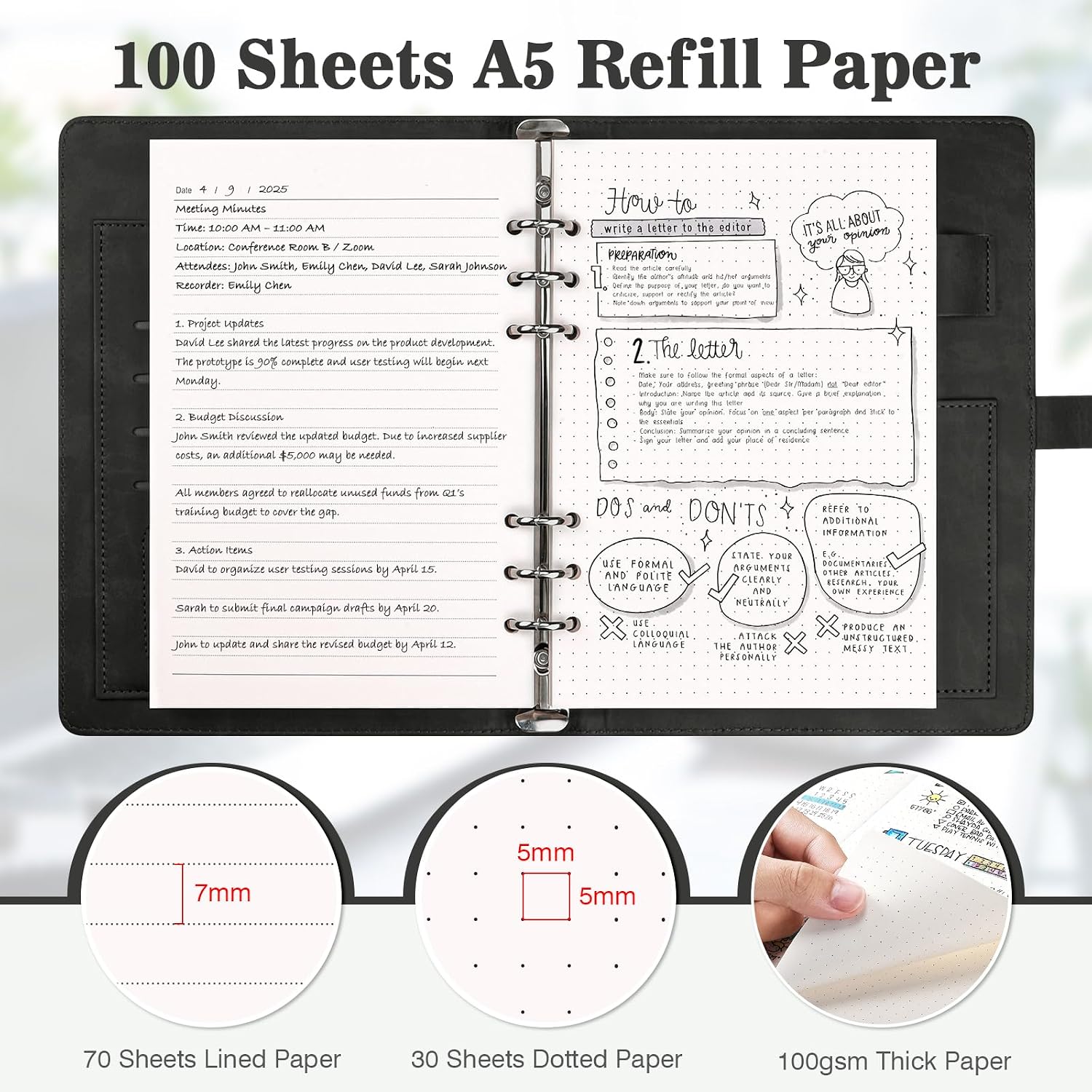 Detalle de PU Leather A5 Ring Binder Notebook with 6 Rings, 200-Sheet Refill Pack & Dividers (Black)