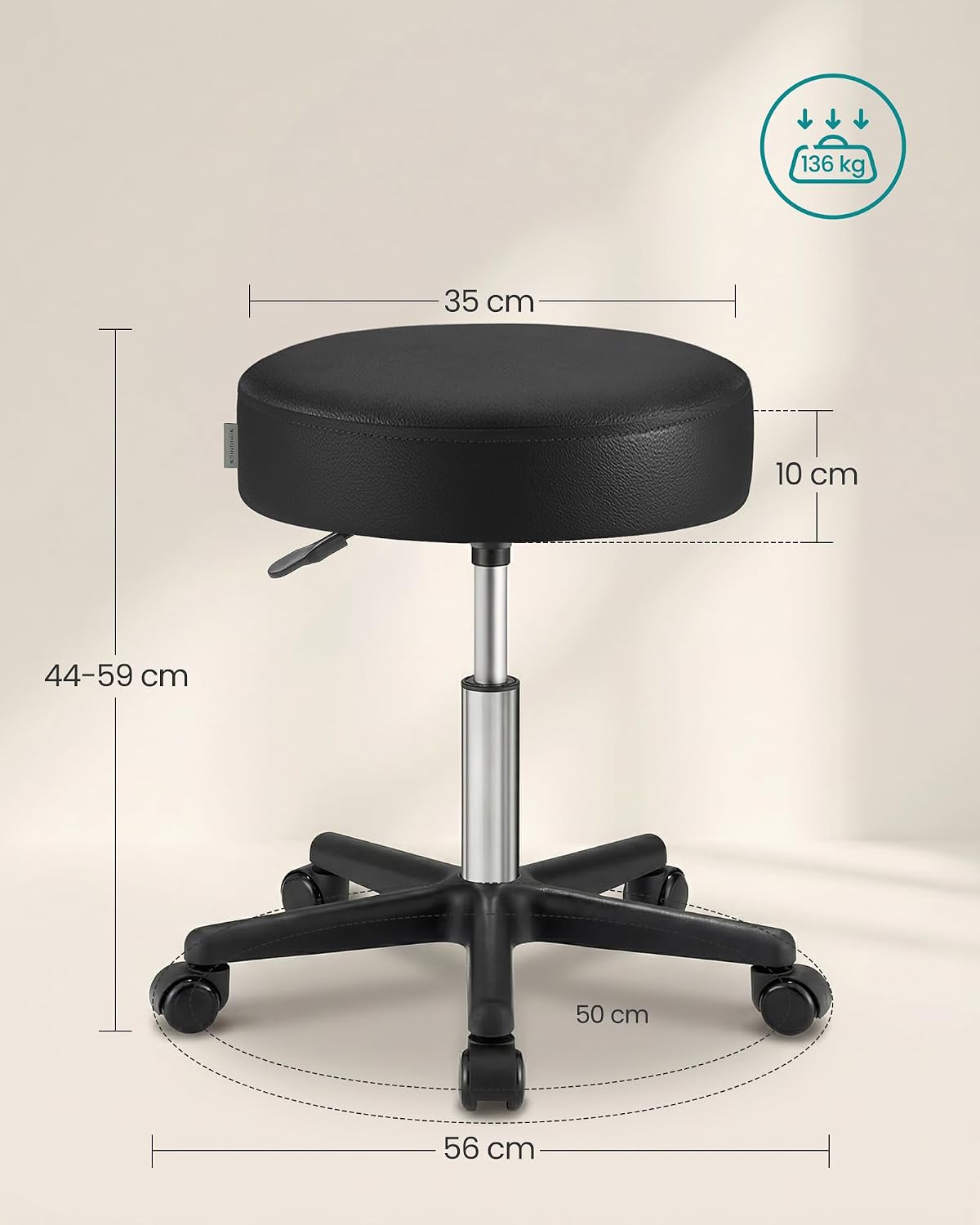 Detalle de SONGMICS Drehhocker auf Rollen LJB61B – höhenverstellbar (46–58 cm) für Studio, Salon & Büro