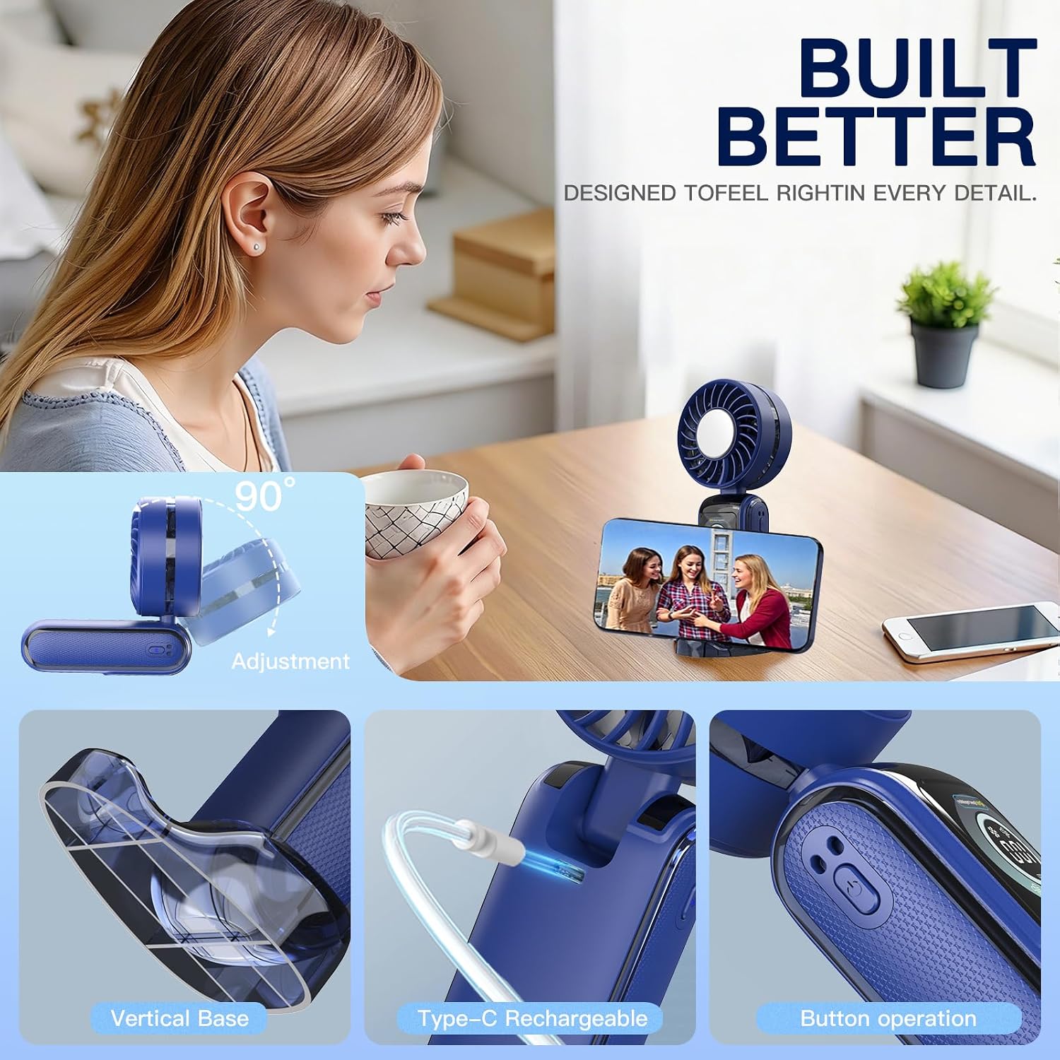 Thumbnail 3 de RaMokey Handheld Fan Rechargeable: 5 Speeds, Ice Cooling, 3-in-1 Portable Mini Fan (Dark Blue)