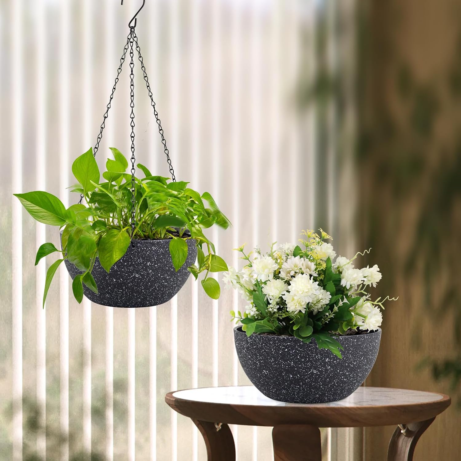 Thumbnail 6 de Meowell 10-Inch Hanging Planters, 2-Pack, Speckled Black Plastic