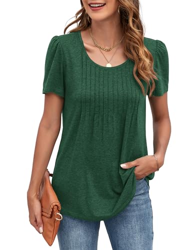 Detalle de MOLERANI Ladies Tops Round Neck Loose Casual Pleated T Shirt – Green, XL
