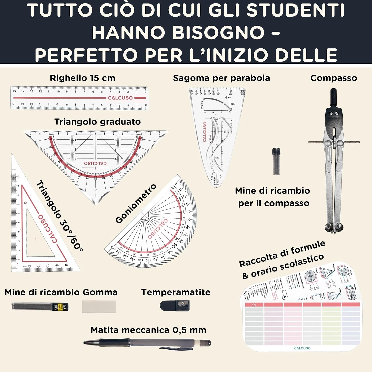 Thumbnail 1 de CALCUSO Set di Geometria PRO in astuccio rosso: compasso, goniometro e strumenti essenziali per scuola e studio