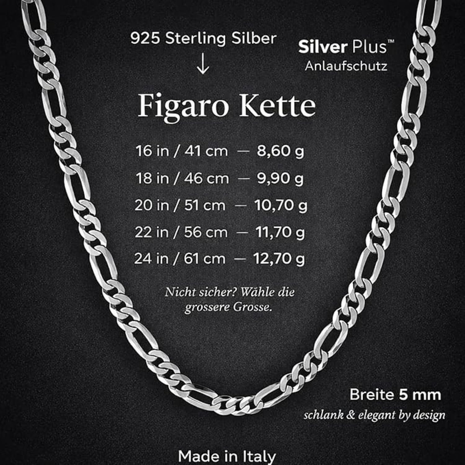 Detalle de QUADRI Kette Herren Silber 925 – Figaro-Design aus Italien mit Silver Plus Schutz
