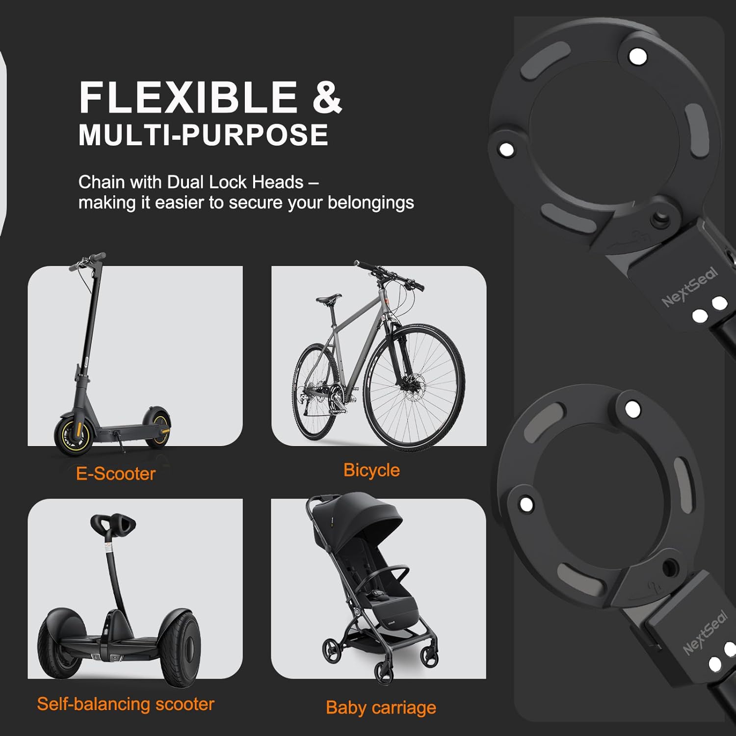Detalle de NextSeal E Scooter Schloss – schlusselloses Verriegeln, 90 cm Kettenschloss für E-Scooter, Fahrrad & mehr