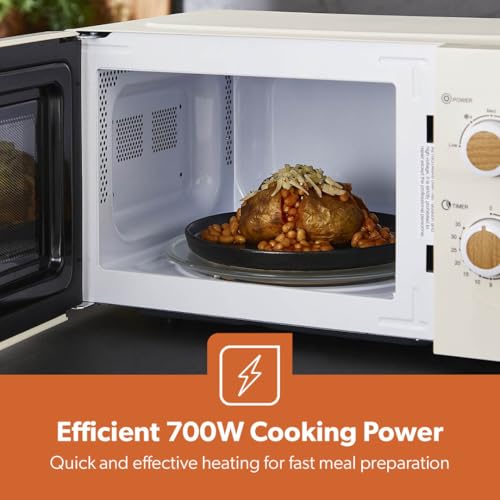 Detalle de GEEPAS NordiQ 20L Microwave Oven: 700W, 5 Power Levels, 35-Minute Timer in Cream