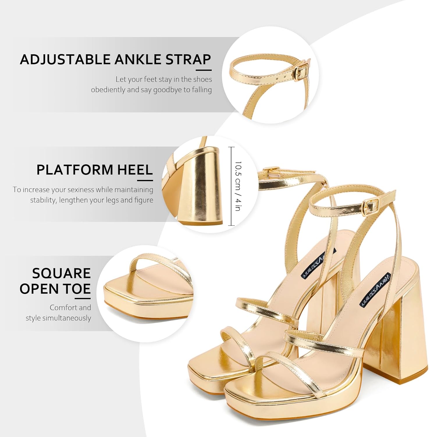 Thumbnail 4 de MIRAAZZURRA Platform Strappy Heel Sandals – Square Open Toe, Two Straps, Ankle Buckle