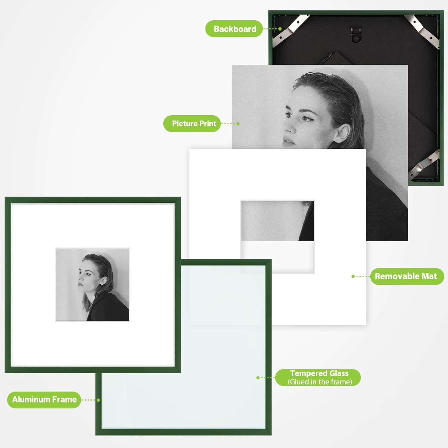Detalle 2 de Golden State Art 8x8 Aluminum Picture Frame with 4x4 Mat – Green