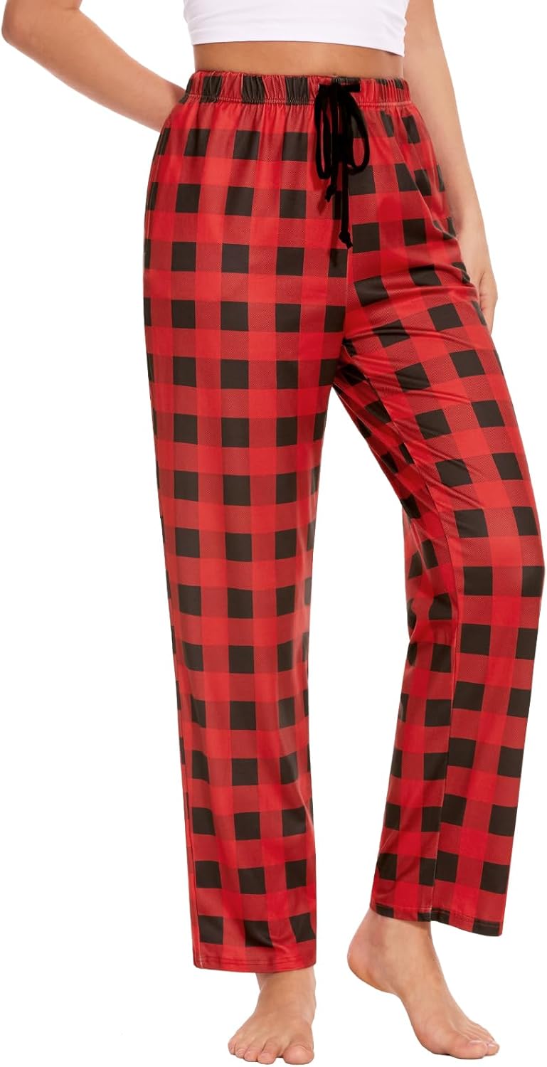 Detalle de Knuffnee Women’s Pyjama Bottoms – Plaid Wide-Leg Lounge Pants with Pockets (2 Pack)