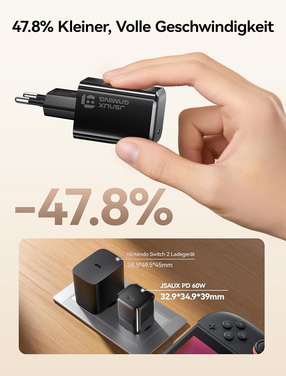 Thumbnail 3 de JSAUX 60W USB‑C Ladegerät mit GaN für Switch 2 (TV-Modus) – inkl. 2m USB‑C Kabel