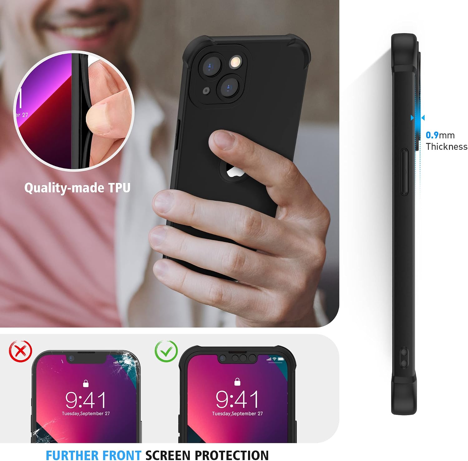 Thumbnail 6 de ORETECH iPhone 13 Case (6.1-inch) with 2-Pack Tempered Glass, Camera Lens Guard & 360° Shockproof Slim Rubber Bumper – Black