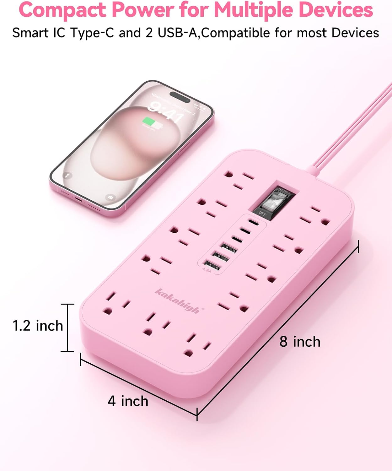 Detalle de kakahigh 808 Pink Power Strip, 11 AC Outlets, 6 USB Ports, 5 ft Cord