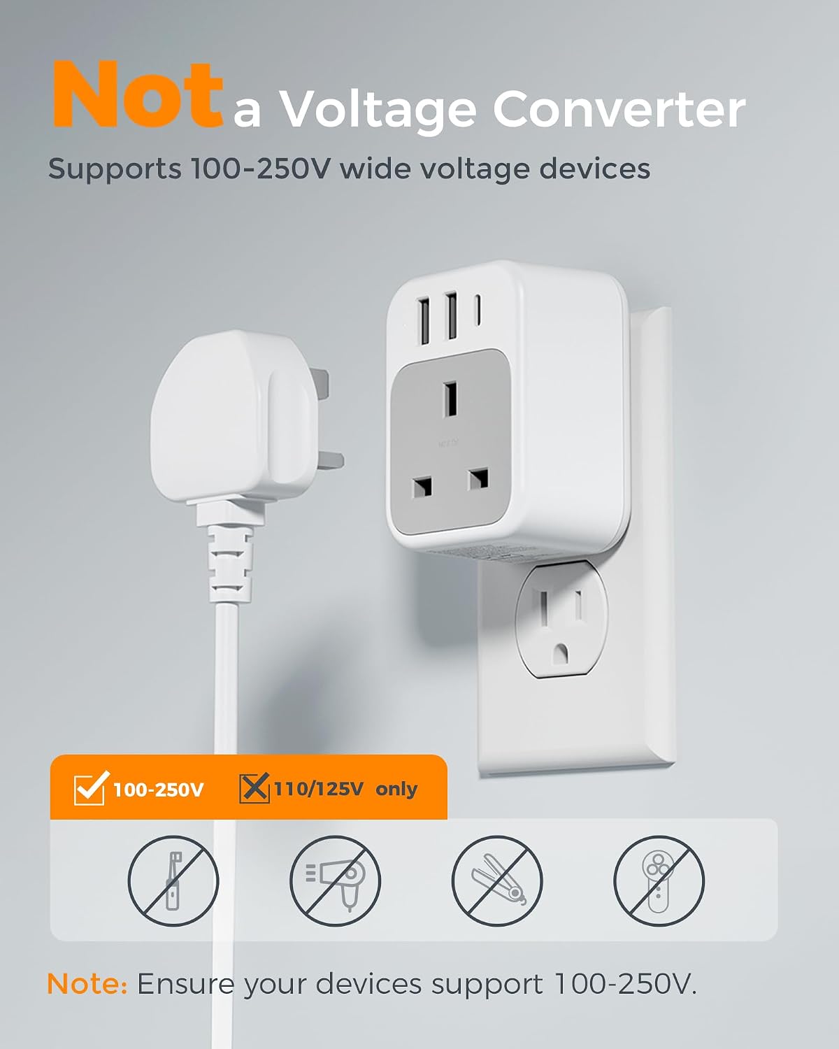 Thumbnail 3 de TESSAN UK to US Plug Adaptor 4‑in‑1 with USB C & USB A