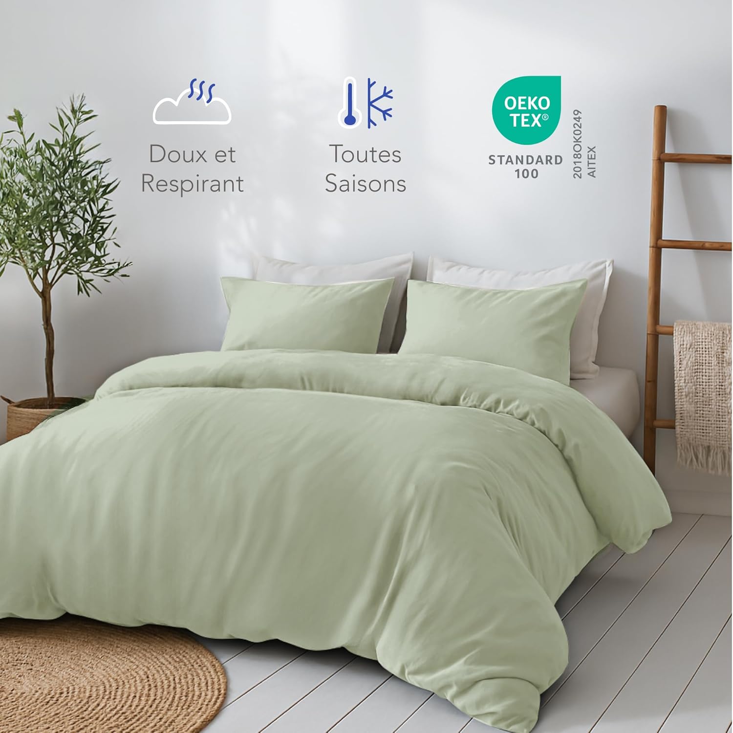 Thumbnail 3 de Dreamzie Parure de lit satin de coton 220x240 cm (vert) avec housse + 2 taies 80x80 cm