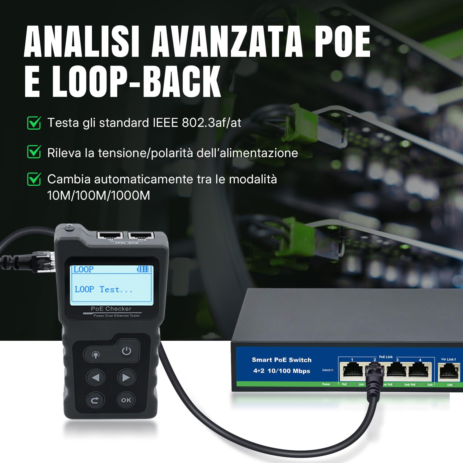 Detalle de Tolesum Tester di Rete RJ45 con LCD e test PoE per individuare corto, incrocio e circuito aperto