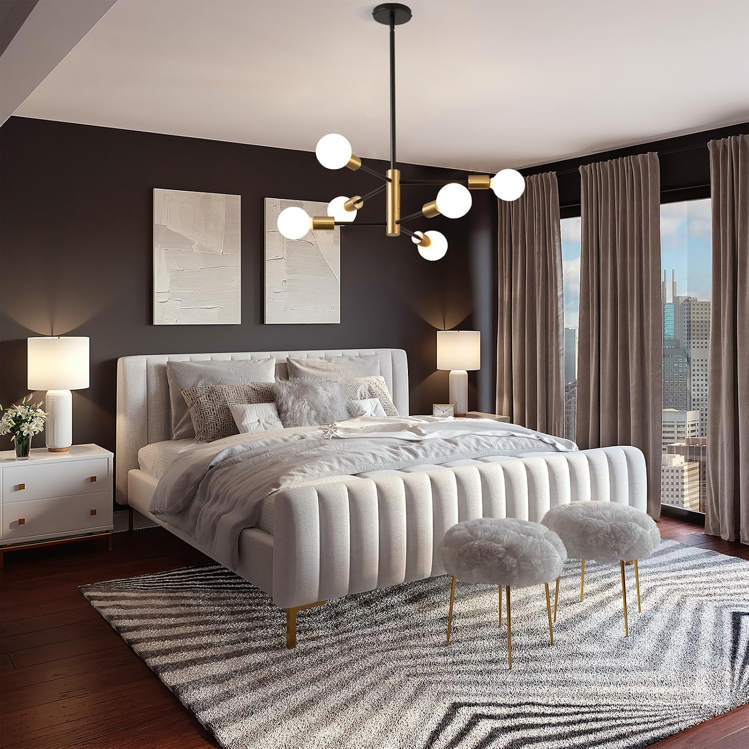 Detalle 1 de KAISITE 8006-6C Sputnik Chandelier, 6-Light Black and Gold, Adjustable Height