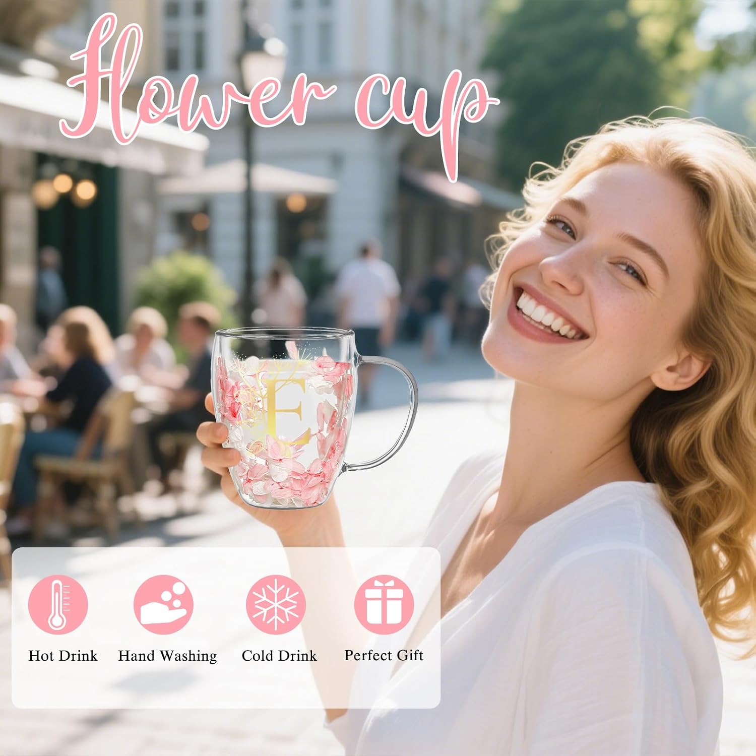 Detalle de Gifts for Women Glass Coffee Mugs – Personalised Double-Walled Pink Floral Cup