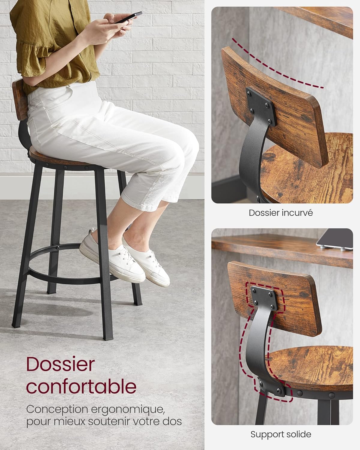 Thumbnail 5 de VASAGLE Tabouret Bar Industriel Lot de 2 – Siège 62,5 cm, cadre acier, bois marron rustique