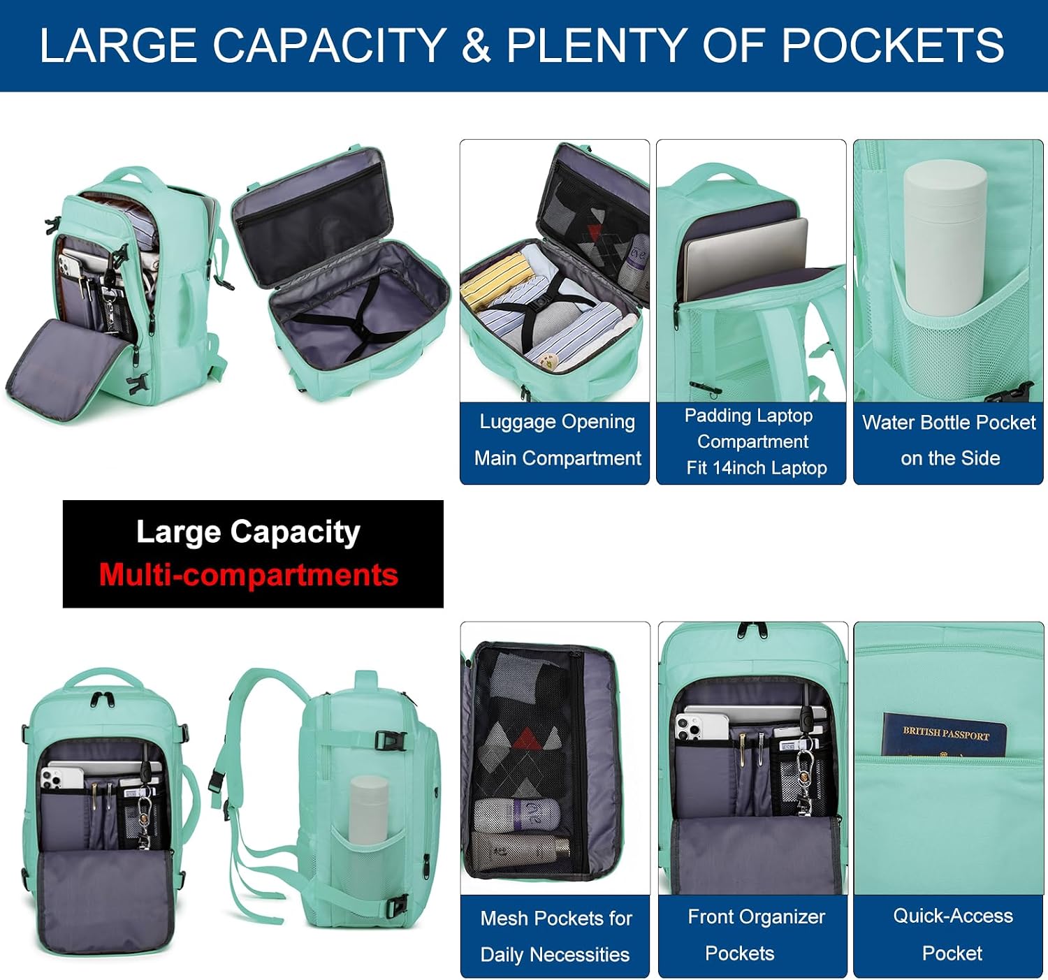 Detalle de ENZOSUM Bagages Cabine 40x20x25, Sac à Dos de Voyage Vert pour Ryanair et 14'' Laptop