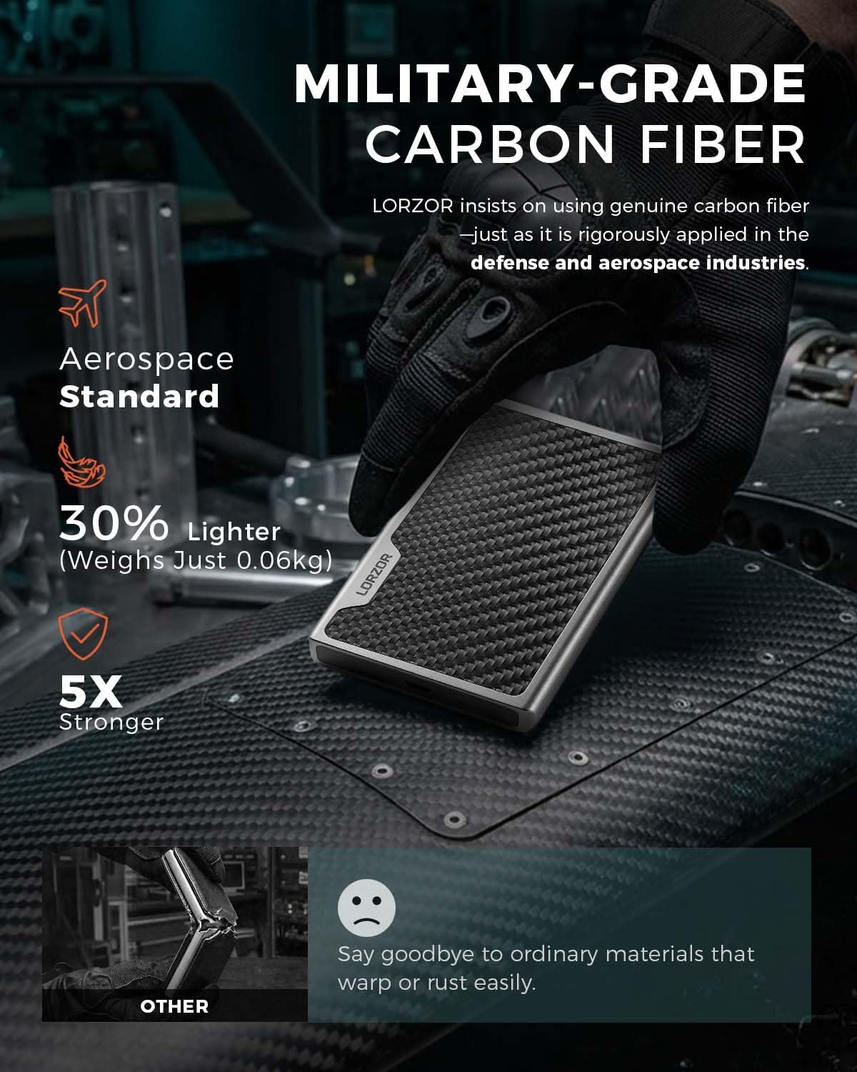 Thumbnail 2 de LORZOR Minimalist Slim Wallet with Removable Money Clip (Military-Grade Carbon Fibre) – RFID Blocking Card Holder