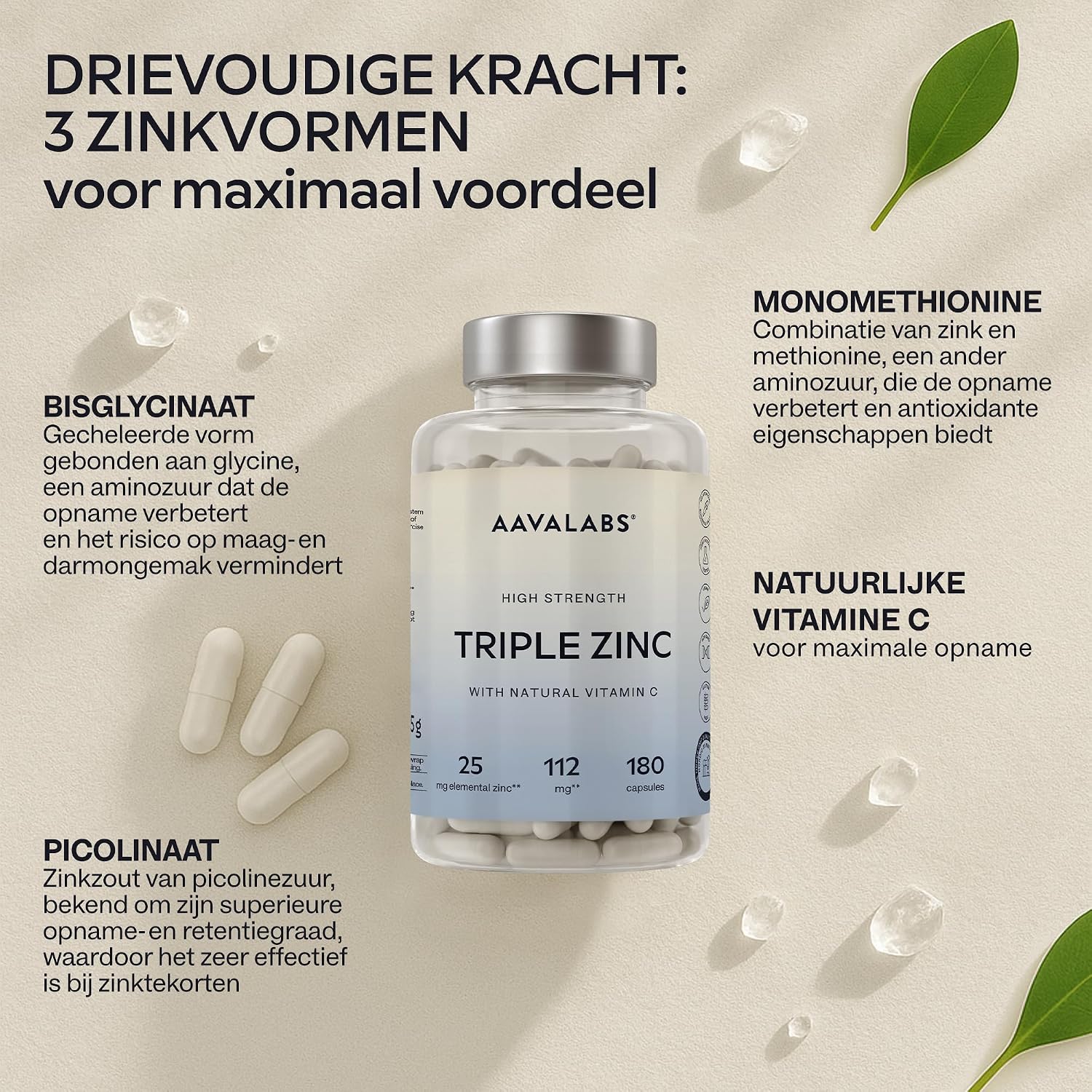 Thumbnail 3 de AAVALABS Drievoudig Zink 25 mg met 3 zinkvormen en vitamine C, 180 capsules