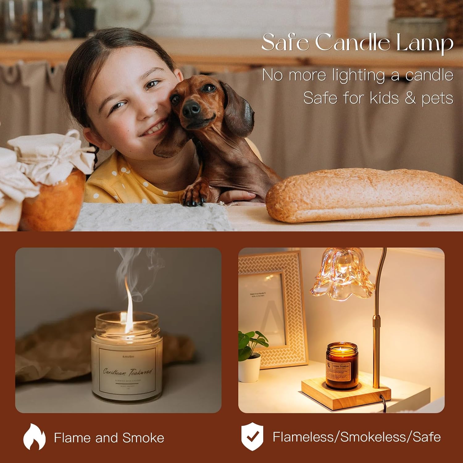 Detalle de Candeldo Candle Warmer Lamp with Timer, Gold Flower Glass Shade, Dimmable