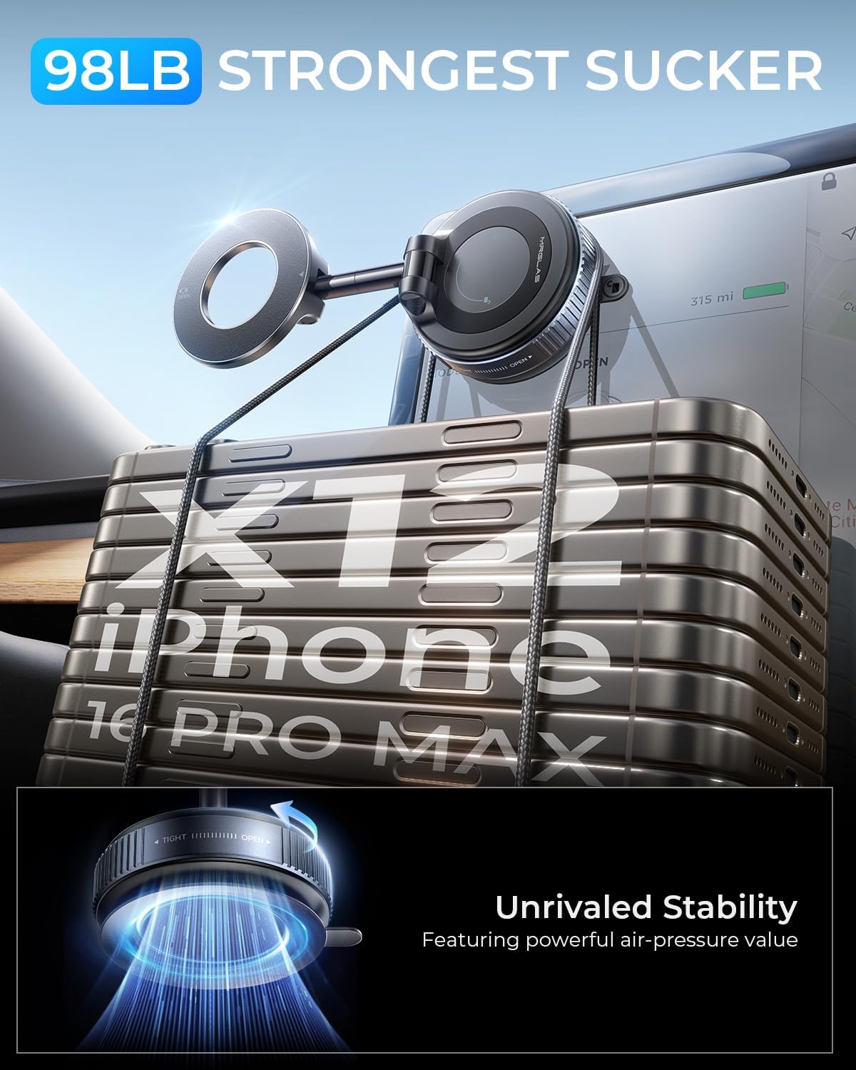 Detalle de MRGLAS 2026 Upgraded Vacuum Magnetic Car Phone Holder with 360° Rotational Arm and 2800gf Magnets