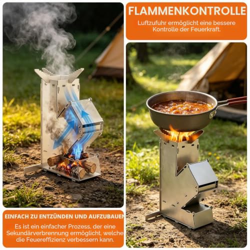 Detalle de Tomedny Camping-Raketenofen: Tragbarer Edelstahl-Holzofen mit abnehmbarem Grill und Lagertasche