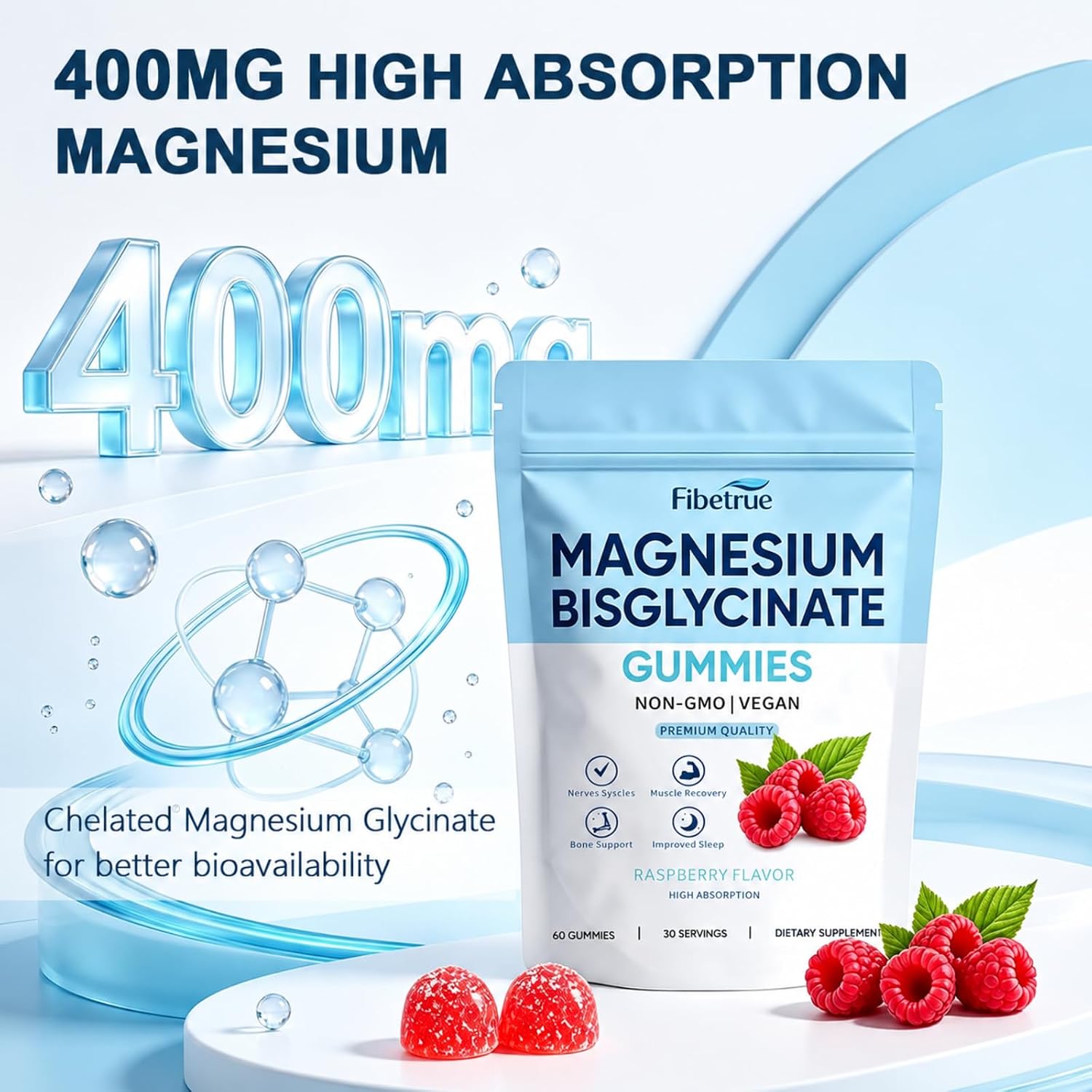 Detalle 2 de Magnesium Glycinate Gummies 400mg, Vegan Raspberry, 60 Count