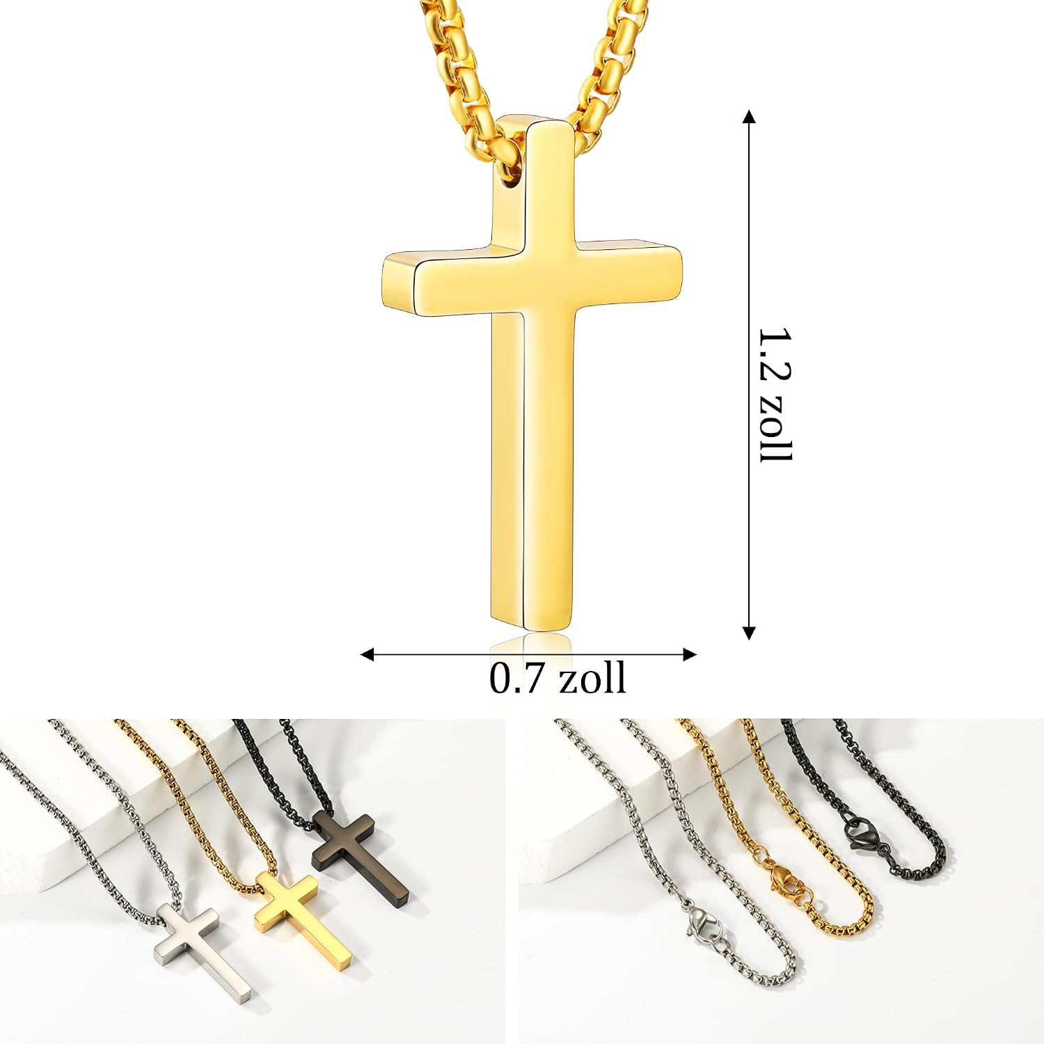 Detalle de Kreuz Halskette für Herren & Jungen aus 316L-Edelstahl (silber/ gold/ schwarz) – mit Kreuzanhänger