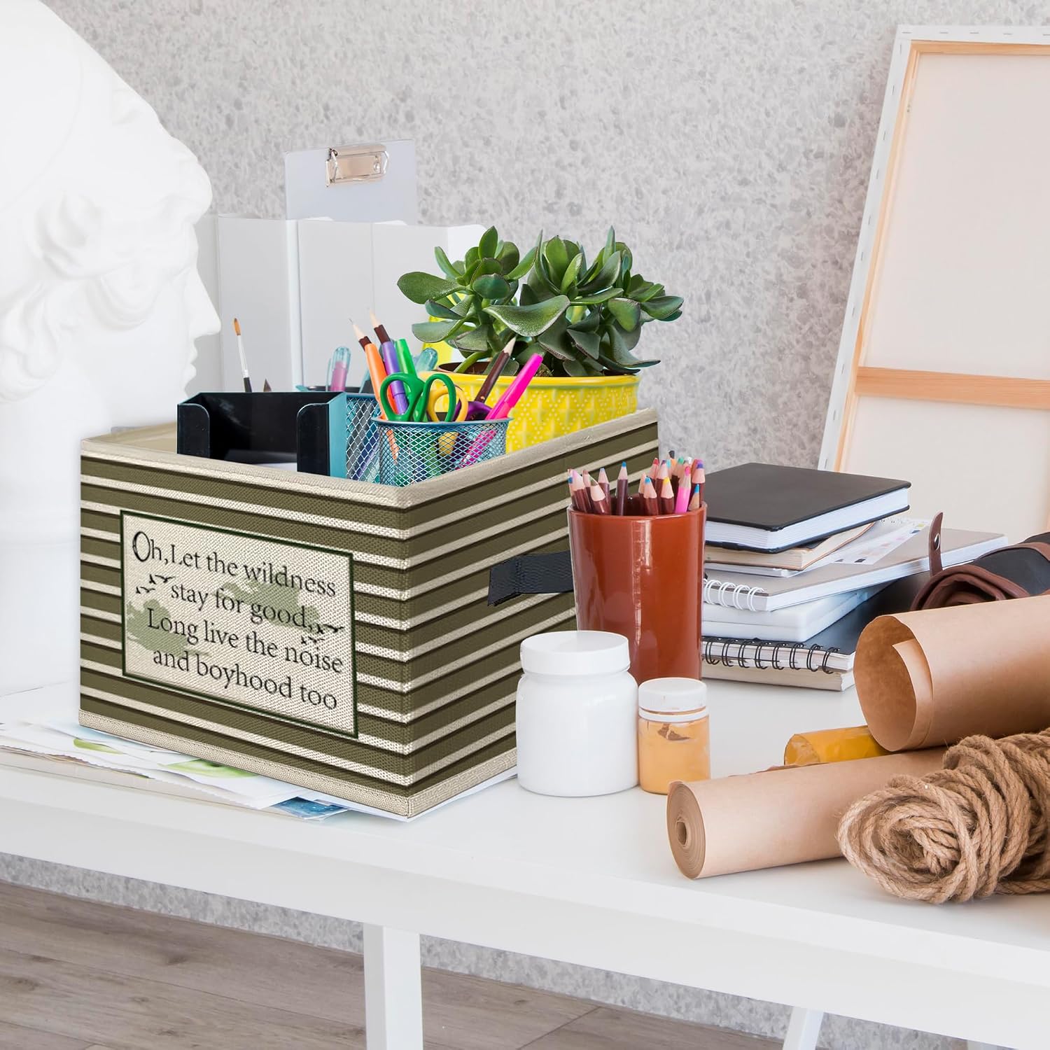 Detalle de Mcehtle Green Striped Collapsible Storage Bin with Handles, 14 x 10 x 10 Inches