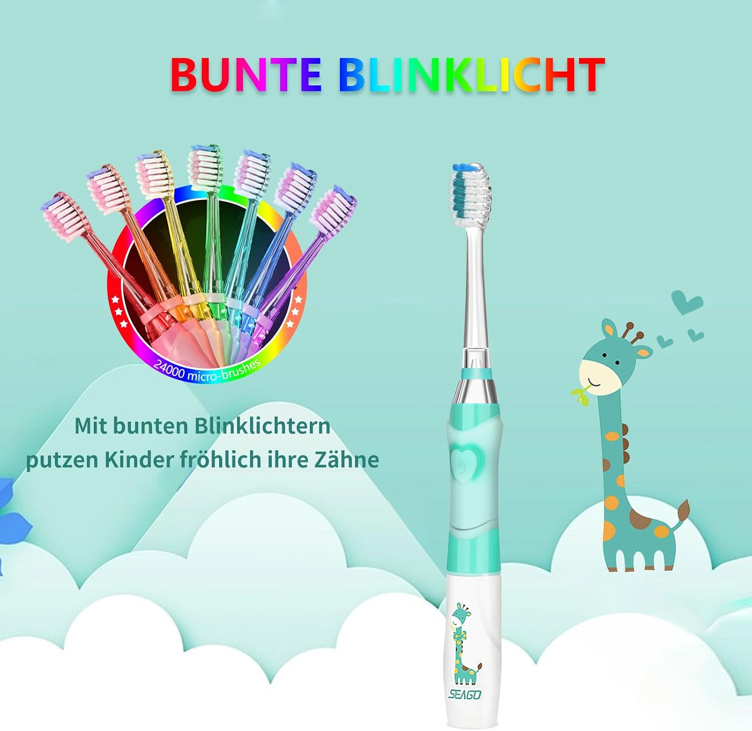 Detalle de seago SG-977 Kinder-Elektrische Zahnbürste (grün) ab 3 Jahren mit Smart-Timer, LED-Licht und 4 weichen Bürstenköpfen
