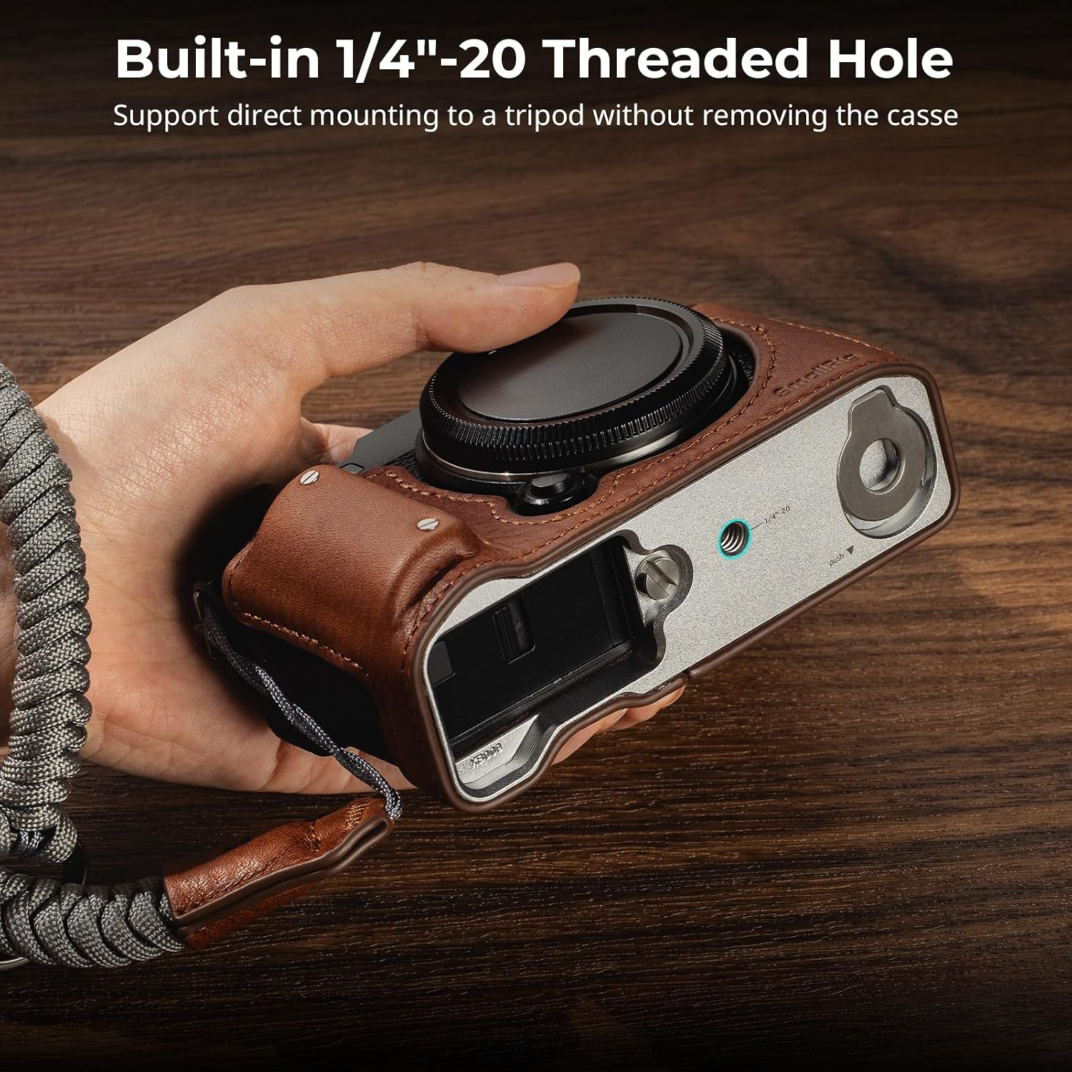 Detalle de SMALLRIG 4880 halfcase voor FUJIFILM X-M5, bruin, met polsband