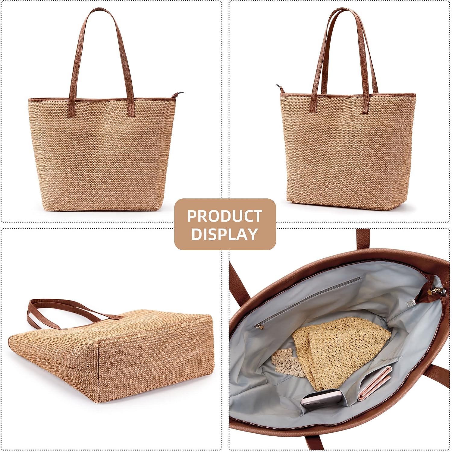 Thumbnail 6 de KALIDI Straw Tote Beach Bag: Striped Shoulder Handbag with PU Leather Handles