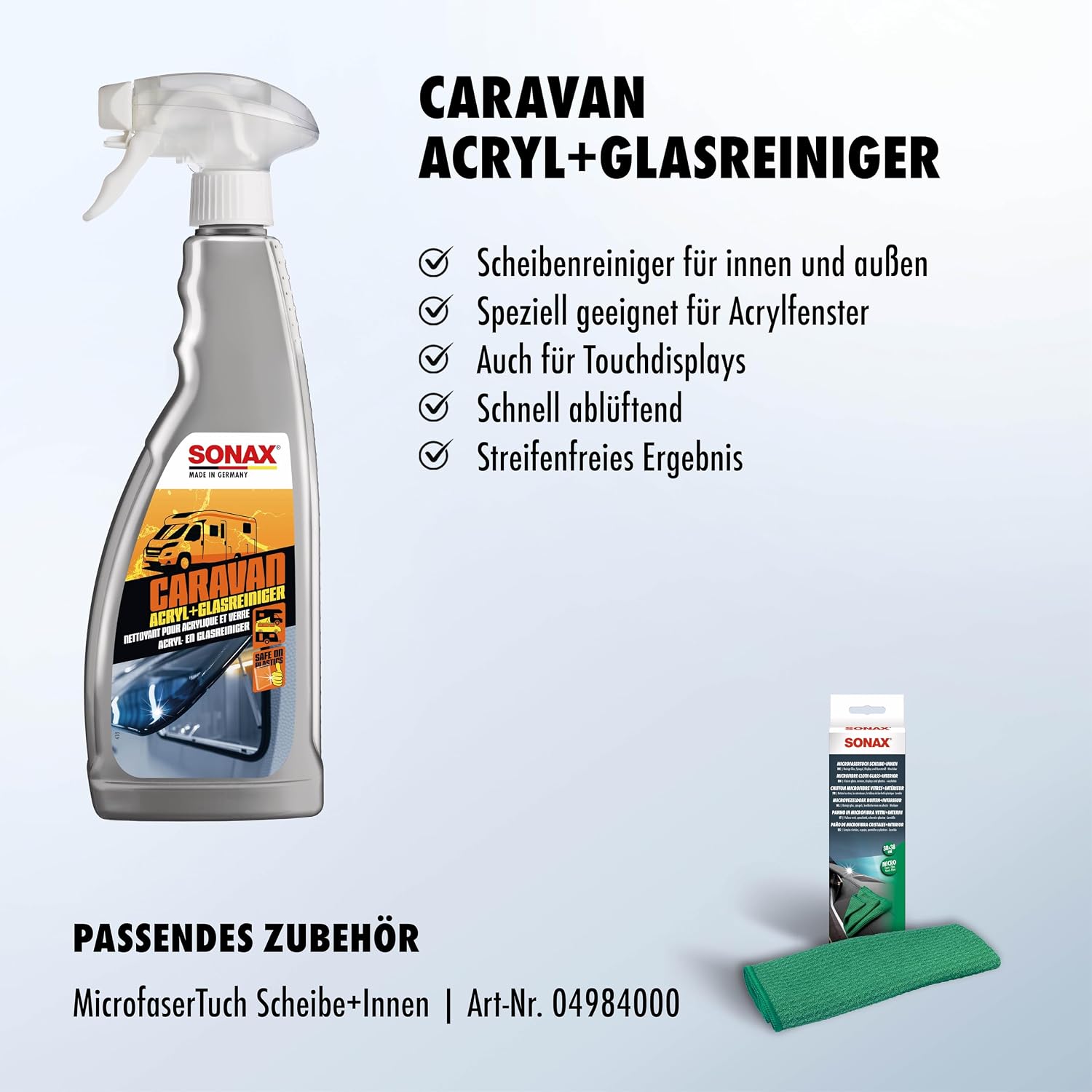 Detalle de SONAX Caravan Acryl+GlasReiniger (750 ml) – streifenfreie Sauberkeit für Glas, Acrylfenster und Touchscreen-Displays