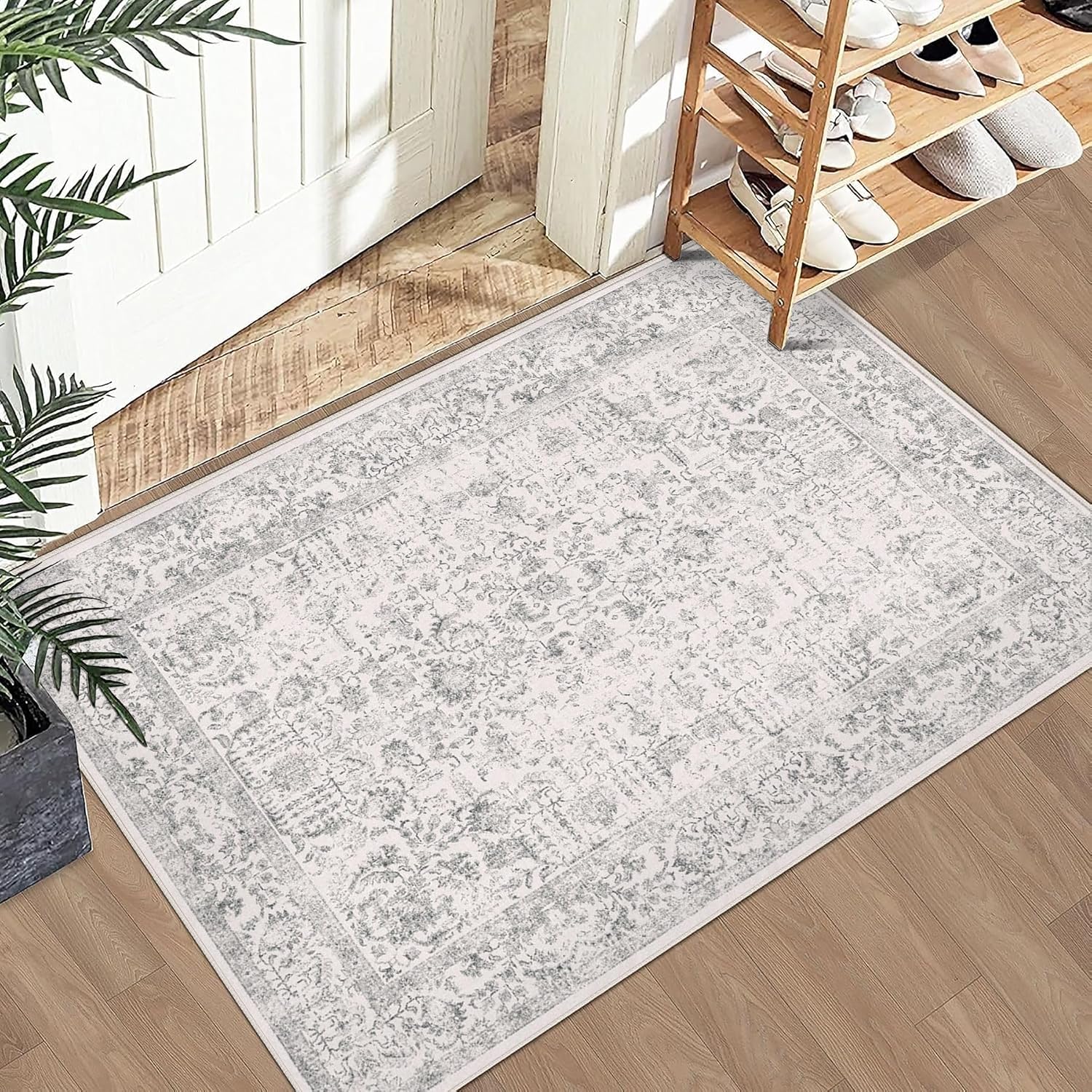Detalle de HUGEAR Vintage waschbarer runder Teppich (180 cm) – kurzflorig, rutschfest, grau