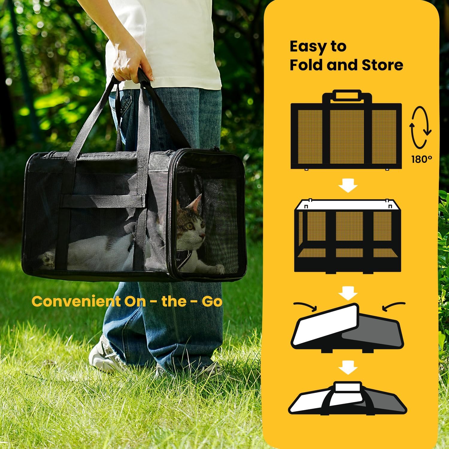 Detalle de Conlun Katzentransportbox faltbar (Weiche Transporttasche) mit 4-seitigem Netz – bis 6 kg, 43 × 28 × 28 cm, Schwarz