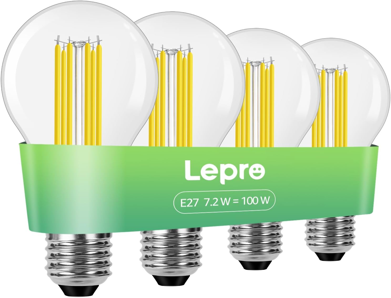 Detalle de Lepro E27 Screw Bulb A-rated Ultra-efficient LED, 7.2W (100W replacement), 1521lm, 2700K Warm White – Clear Vintage Glass (Pack of 4)