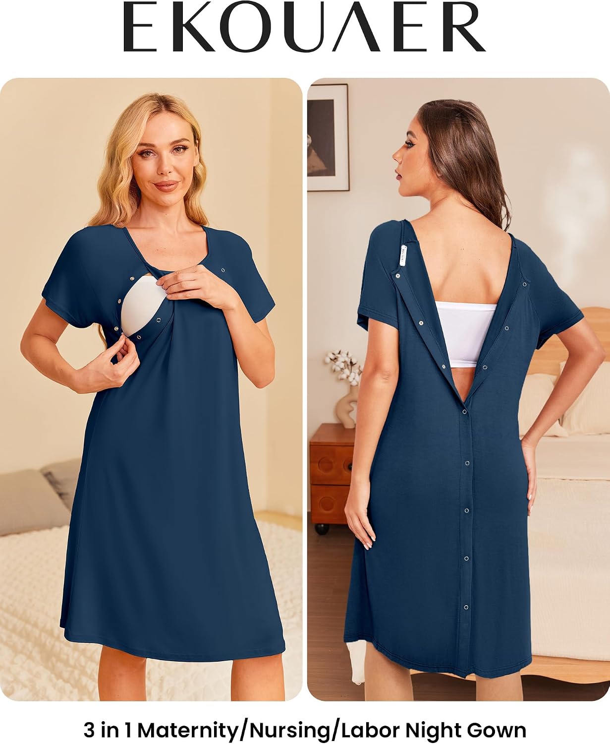 Thumbnail 1 de Ekouaer EKY005099 Maternity Nightdress, Nursing Snaps, Short Sleeves