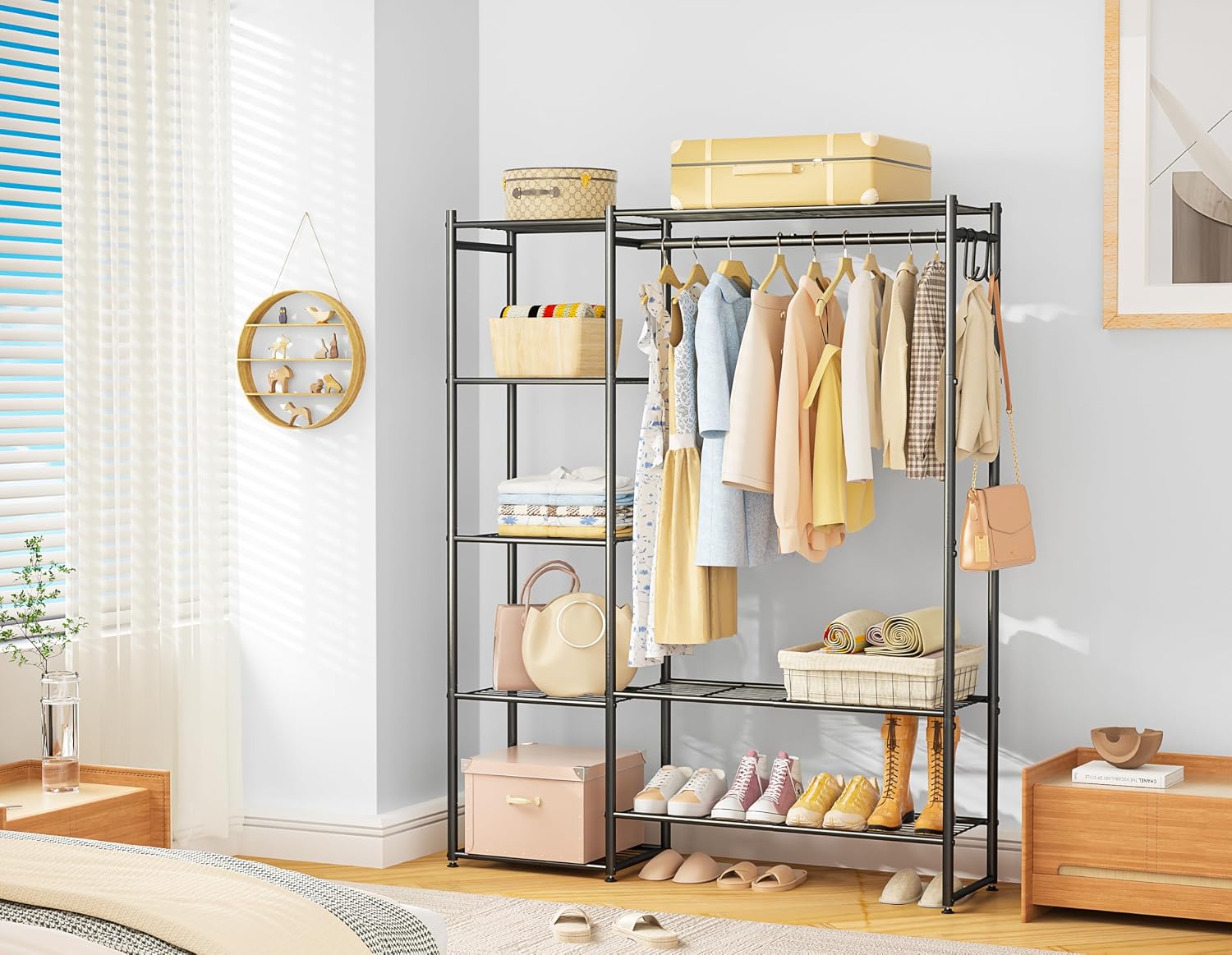 Detalle de Neprock free-standing clothes rail with hanging bar, 4 shelves and hooks (black)